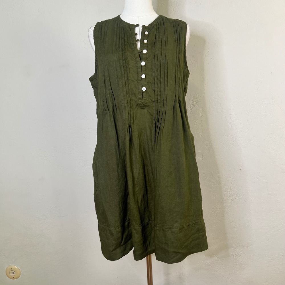 Quince Dress European 100% Linen Sleeveless Swing Size Medium Olive Green
